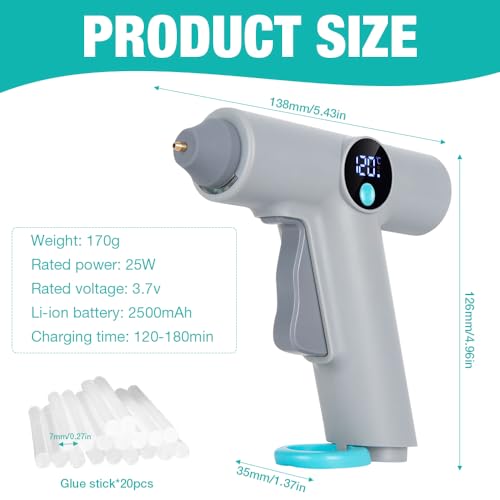DAJASD Heißklebepistole Akku, 3.7V 25W Keißklebepistole Kabellos mit LCD-Temperaturanzeige & 22 Heissklebepistole Klebesticks 7mm, Mini Akku Klebepistole für DIY, Handwerk und schnelle Reparaturen