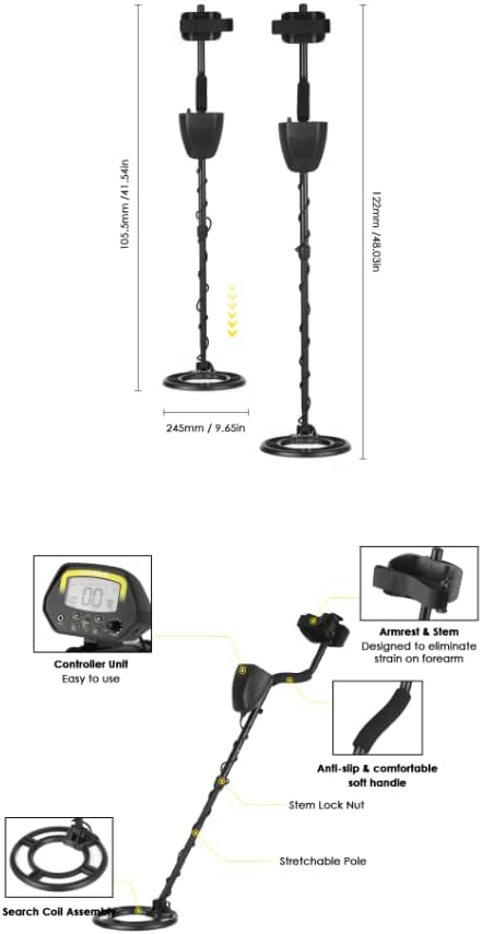 Diagram showing the individual components of the VIHELM MD3030 metal detector, including the controller unit, armrest & stem, anti-slip soft handle, stem lock nut, stretchable pole, and search coil assembly.