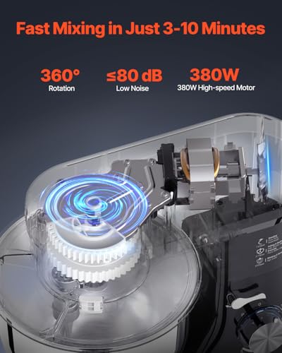 VEVOR Stand Mixer, 5QT Dough Mixer, 10+P Speeds Tilt-head Food Mixer, Kitchen Mixer with Stainless Steel Bowl, Dough Hook, Wire Whip, Beater, Scraper, Household Stand Mixer for Baking Mixing, Black - Image 2