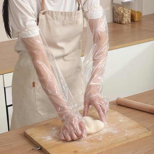 Long Arm Plastic Gloves - 50 Pieces Waterproof CPE Cleaning Gloves for Kitchen Dishwashing Food Vegetable Washing