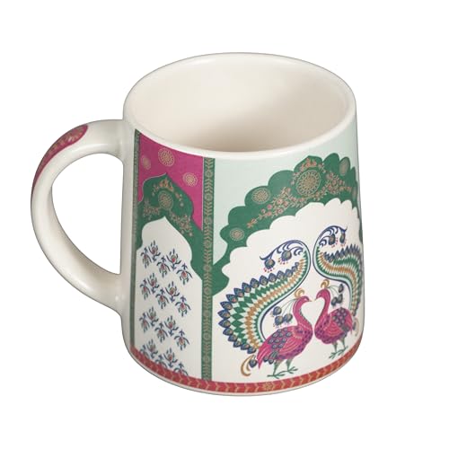 Image of miah decor Neelmayur Royale Collection Handcrafted Ceramic Coffee Cups Set of 4 | Mughal Peacock Design Tea & Coffee Mugs | Green & Maroon on Cream Base | Microwave & Dishwasher Safe