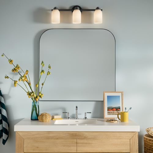 Image of Kichler Shae 3-Light Bathroom Vanity Light, Black | White opal glass vanity light for modern bathroom mirrors (24.25 inch x 9 inch), 55202BK