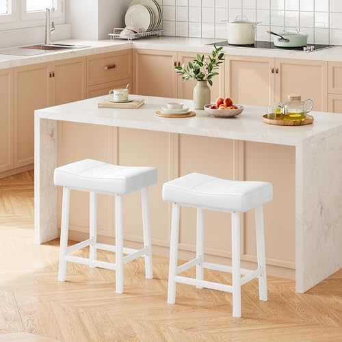 24 Saddle Bar Stools Set of 2, Stylish Backless PU Leather Counter Height Stools with Curved Cushion, Perfect for Kitchen Counters or Home Bars, White