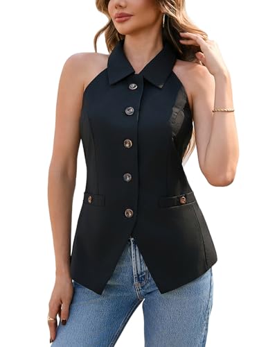Women's Halter Neck Vest Lapel Collar Button Down Sleeveless Blazer Vest Business Casual Tops