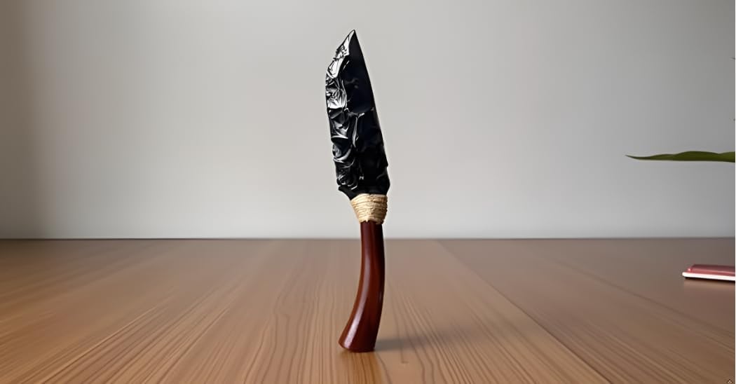 Handmade Obsidian Ritual Knife - Curved-Handled Dagger for Home Protection, Spiritual Decor & Evil Warding, Volcanic Glass Art Collection (Unique Gift for Holiday, Birthday)