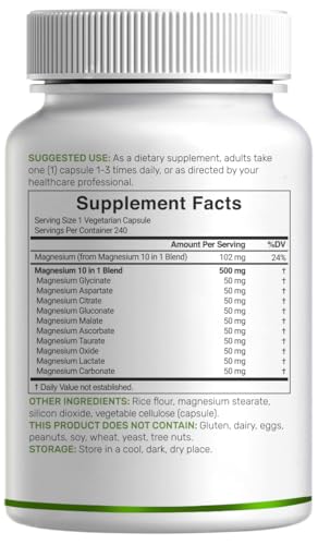 Magnesium Complex 500mg, 240 Veggie Capsules – 10-in-1 Glycinate, Citrate, Malate, Oxide, & More – 100% Chelated for Easy Absorption – Essential Mineral Supplement – Non-GMO