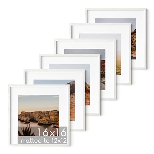HAUS AND HUES White Oak Wood 16x16 Picture Frames - Set of 6, Square Frames with Mat, Contemporary White Frames for Gallery Walls (16x16 in, White, Set of 6)