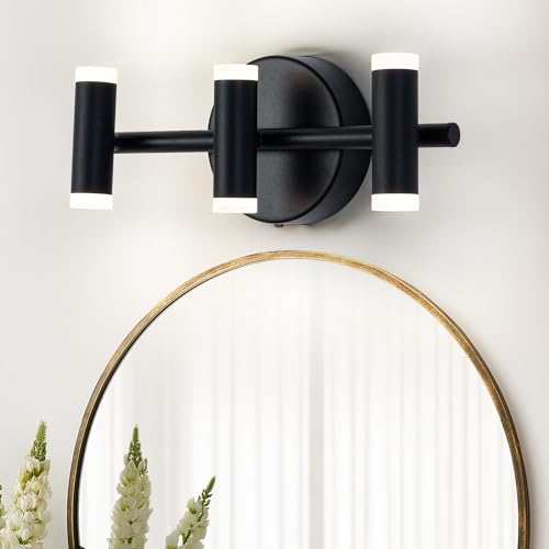 BESTWEST 3 Light Bathroom Vanity Light, LED Matte Black Vanity Light Fixtures, Up and Down Bathroom Lighting Fixtures Over Mirror (18W)