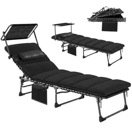 Outsunny Folding Sun Lounger with Canopy, 5-Position Reclining Garden Lounger, Side Pocket, Headrest, Cushion, Portable Recliner Sunbed with Carry Handle for Camping Beach Patio, Black