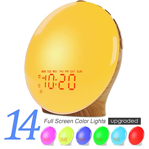 Wake Up Light Sunrise Alarm Clock For Kids, Heavy Sleepers, Bedroom, Full Screen With Sunrise Simulation, Fall Asleep, Dual Alarms, Fm Radio, Snooze, Daylight, 14 Colors, 7 Natural Sounds, Wood Grain #TOP2