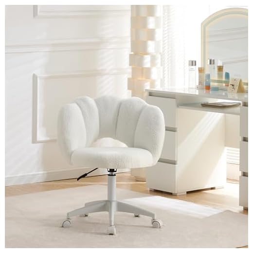 LSBIKE Modern Desk Chair with Wheels – Adjustable Office Chair with Thick Lambswool Cushion, Ergonomic Swivel Vanity Chair, Bedroom Desk Chair, Easy Assembly – 150kg Capacity (Cloud-Shaped, White)