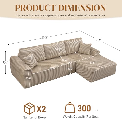 Image of 110 inch L Shaped Boneless Sectional Couches for Living Room, Comfy Corduroy Floor Cloud Sofa with Chaise, Wide Armrest, Deep Seat, Memory Foam, Assembly Free, Ideal for Small Spaces, Brown