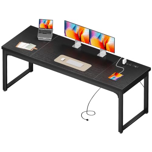 Image of Coleshome 71 Inch Long Computer Desk with Power Outlet, Thicker Desktop & Legs, Large Heavy Duty Office Desk for Home Office & Gaming, Black