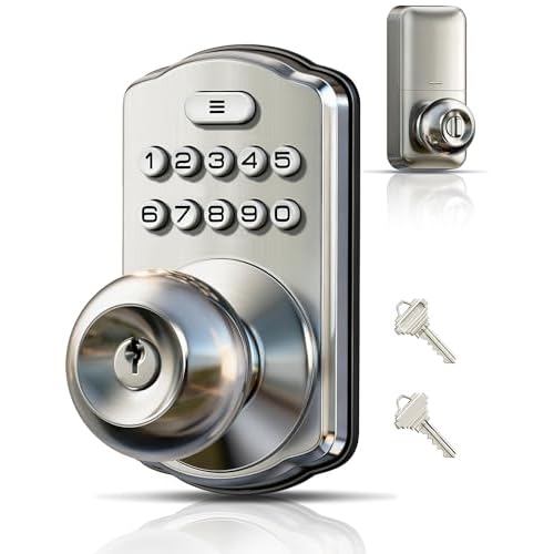 Veise Keypad Door Knob Lock, Keyless Entry Digital Lock with Handle, Electronic Smart Knob for Front Door & Bedroom, Easy Install, Auto Lock, Passage Mode, Anti-Peeping Password, Satin Nicke