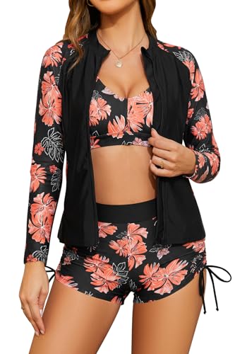 Rash guard manga larga de 3 piezas para mujer con bañador de cordón ajustable
