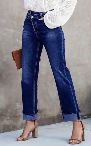 Cicy Bell Womens High Waisted Crossover Jeans 2024 Straight Leg Stretch Casual Cuffed Denim Pants3