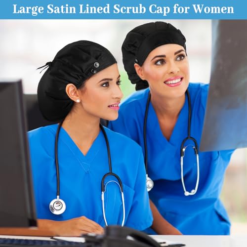 Floraltop 6 Pcs Extra Large Satin Lined Scrub Caps for Women Long Hair Nurse Surgical Hat with Button Working Adjustable(Black)