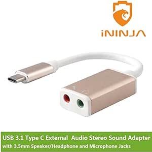 iNINJA(TM)USB3.1 Type C(USB-C) to External Audio Stereo Sound Adapter with 3.5mm Speaker/Headphone and Microphone Jacks, Plug and play No drivers Needed. [gold]