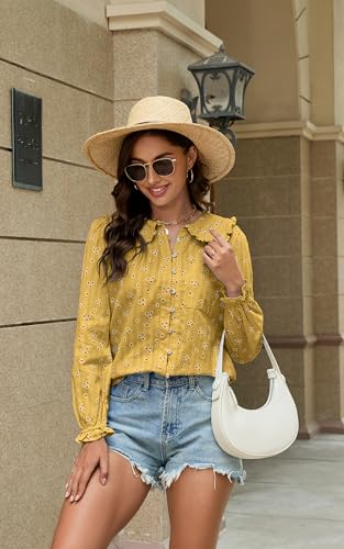 ECOWISH Women's Long Sleeve Shirts - Peter Pan Collar Button Down Blouse Dressy Casual Puff Cotton Elegant Fall Tops 3461 Yellow Medium - image 4