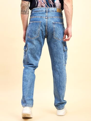 Image of STUDIO NEXX Men's Loose Fit Cargo Jeans | Non Stretchable | Cargo Denim for Men | Loose fit Cargos | Utility Pockets