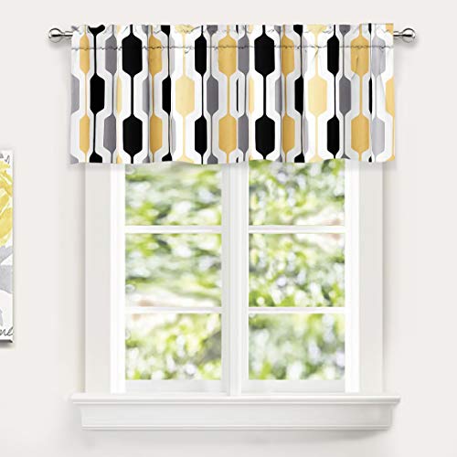 Driftaway Riley Geo Lined Window Curtain Valance Mid Century Geometric Pattern 2 Layers Rod Pocket 52 Inch By 18 Inch Plus 2 Inch Gold Black Gray #TOP1