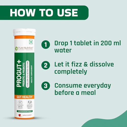Image of Pure Nutrition Progut+, 15 Effervescent Tablets - 18 Billion CFU | Prebiotic & Probiotic Supplement for Gut Health, Digestion & Immunity | Relief from Acidity, Bloating & Heartburn - Apple Flavour