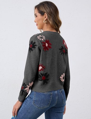 Image of Cardigan Sweaters for Women Cropped Button Down Sweater Long Sleeve Crew Neck Knit Floral Print Outwear