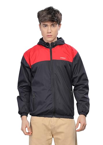 Dollar Men's Polyester Colourblock Windcheater Jacket With Zipper Pockets and Hood, Red-Black-Medium