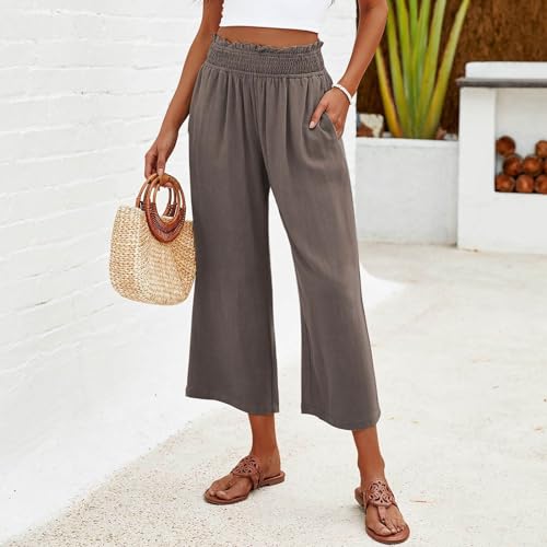 Womens Capri Pants with Pockets Summer Casual Wide Leg Palazzo Trousers High Waist Cotton Linen Capris Beach Outfits4