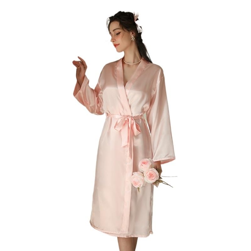 Bata de satén para Mujer, Albornoz Largo for Mujer, Multicolor, Varios tamaños(Champagne,XL)