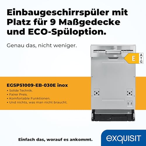 Exquisit Einbaugeschirrspüler 45 cm, Teilintegriert, 9 Maßgedecke, 9 Liter, Startzeitvorwahl, ECO-Modus, EGSP51009-EB-030E inox