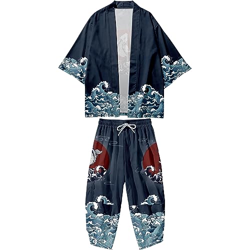 Image of DOSLAVIDA Men's Japanese Kimono Jacket Set Stylish Open Front Coat With Shorts Chinese Style Printed Cardigan Suit