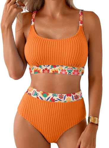 Image of Herseas Women's Textured Bikini Sets Floral Print Trim Scoop Neck Swimsuits High Waisted Bathing Suits