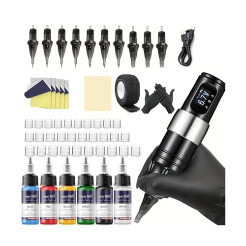 Kit de tatouage avec stylo sans fil pour machine à tatouer - Kit de tatouage avec 6 encres de tatouage de couleurs - 30 cartouches d'aiguilles