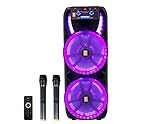MR DJ Hollywood+ Dual 15' Rechargeable Portable Bluetooth Karaoke Speaker Party Flame Lights with 2 Wireless Microphone TWS USB FM Radio