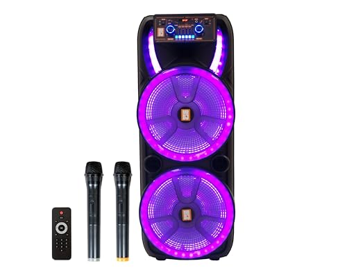 MR DJ Hollywood+ Dual 15' Rechargeable Portable Bluetooth Karaoke Speaker Party Flame Lights with 2 Wireless Microphone TWS USB FM Radio