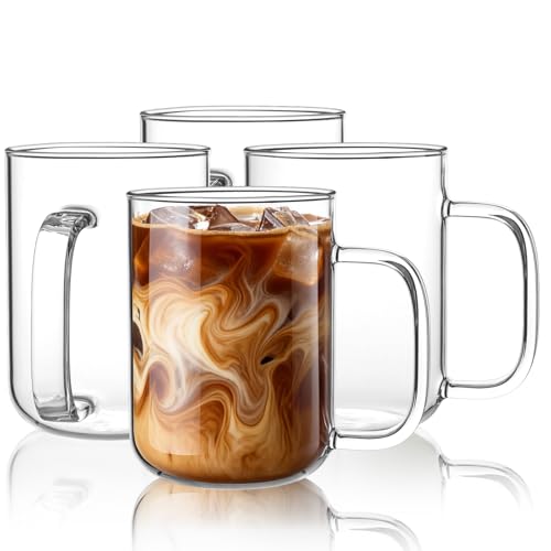 BWODYAY Glass Coffee Mugs, 20 oz Ice Coffee Cups Set of 4, Large Clear Tea Cups, Glass Mugs with Handles for Hot Beverages, Glass Cups for Latte, Cappuccino, and Tea