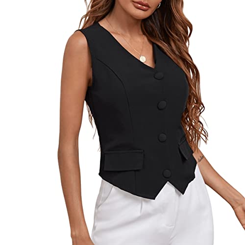 Sweatyrocks Women's Elegant Sleeveless V Neck Button Front Blazer Vest Suit Black S #TOP12