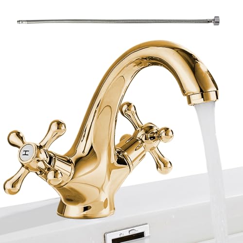 Tuxxjzm de baño | Grifo de cocina de latón antiguo de doble mango, grifo mezclador de doble mango con manguera de 60 cm, pieza de repuesto fría y caliente para lavabo, lavabo y tocador
