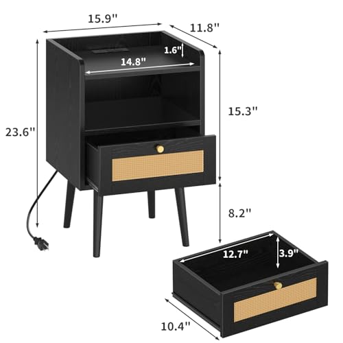 Image of MECHYIN Night Stand Set 2, Nightstands Set of 2 with Charging Station, Rattan Side Tables with Solid Wood Legs, Boho Bedside End Table for Apartment Bedroom Dorm Small Space