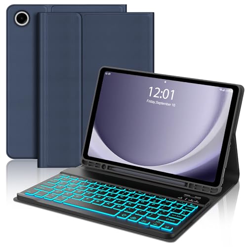 Image of Keyboard for Samsung Galaxy Tab A9+ Plus 11 Inch 2023 Case with Backlit Keypad, Protector Case for Samsung Tablet Keyboard A9+ 11'' with Pen Holder, Wireless Keypad with Colors Backlight, Navy Blue