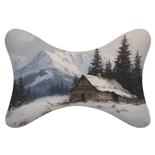 Jubonexis Juego de 2 almohadas de cuello vintage de cabaña de troncos en la montaña nevada, almohadas de viaje para el cuello, reposacabezas de automóvil, almohada de hueso para asiento de coche