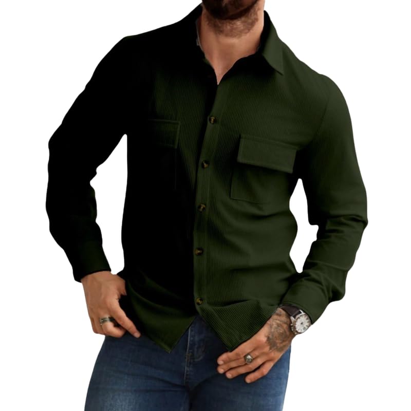Image of COMBRAIDED Corduroy Men's Full Sleeve Casual Striped Shirt - Comfort Fit, Ideal Stylish and Versatile Clothing