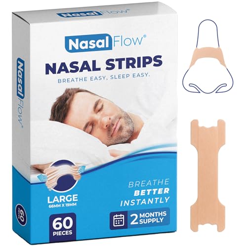 Nasal Strips Large 60 Pack | Nose Strips for Breathing, Snoring & Better Sleep | Instantly Relieves Congestion, Drug-Free, and Strong Hold for Men & Women by NasalFlow