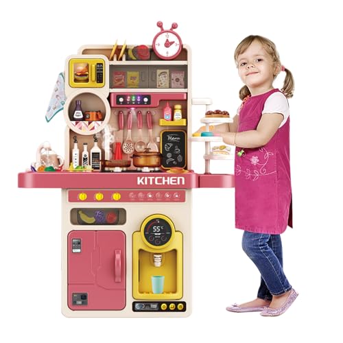 Balakaka 96CM Gran a Gran Escala Cocina para Niños Niñas,93pcs Cocinas de Juguete Cosplay Juguetes con Luz y Efectos de Sonido Cocina de Inducción Fregadero,Cocina Juguete con Dispensador de Agua,Rojo