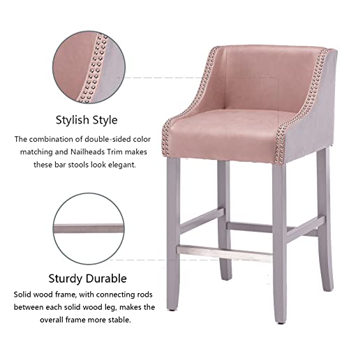 Pink Bar Stools Set Of 2, 28 Inch Modern Bar Height Stools With Back And Nailhead Trim, Upholstered Farmhouse Bar Stool Bar Chairs For Kitchen Island, Home Bar Pub, Pink And Gray #TOP4