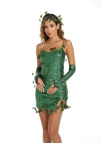 Edhomenn Conjunto de disfraz verde de lujo para mujer, sin mangas, hojas falsas, vestido de lentejuelas con guantes (verde, XL)