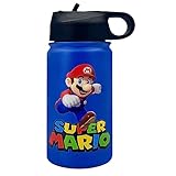 Kids Insulated Stainless Steel Cups Cartoon Reusable Water Bottle Cute Tumbler with Straw Lid Wide Handle Leak Proof Mugs for Boys Girls (12oz, Blue)