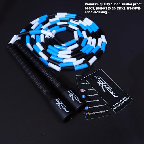 Image of Freestyle Unbreakable Long Handle Soft Shatterproof Beads 1Inch Beaded Jump Rope, Skipping Rope Adult. (10 Ft) (Blue Black white - Black Handle)