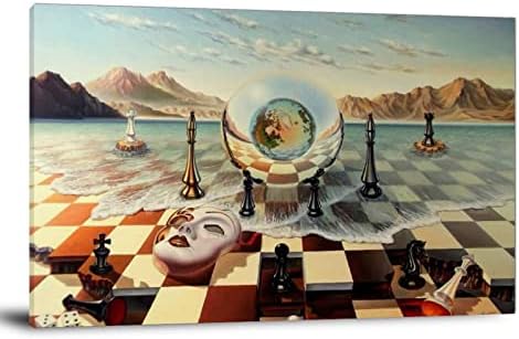 FireDeer Salvador Dali Chess Mask on the Sea Wall Art Surrealism Painting Canvas Print Poster Picture for Living Room Bedroom Home Decor (16x24inch, Chess Mask on the Sea)